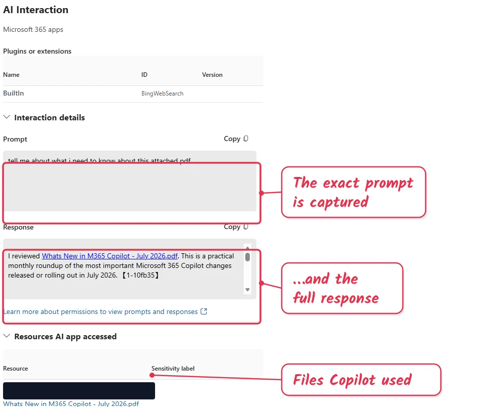 Published, redacted August lab screenshot of a Purview conversation detail view. Original red annotations identify the prompt, full response and referenced files.