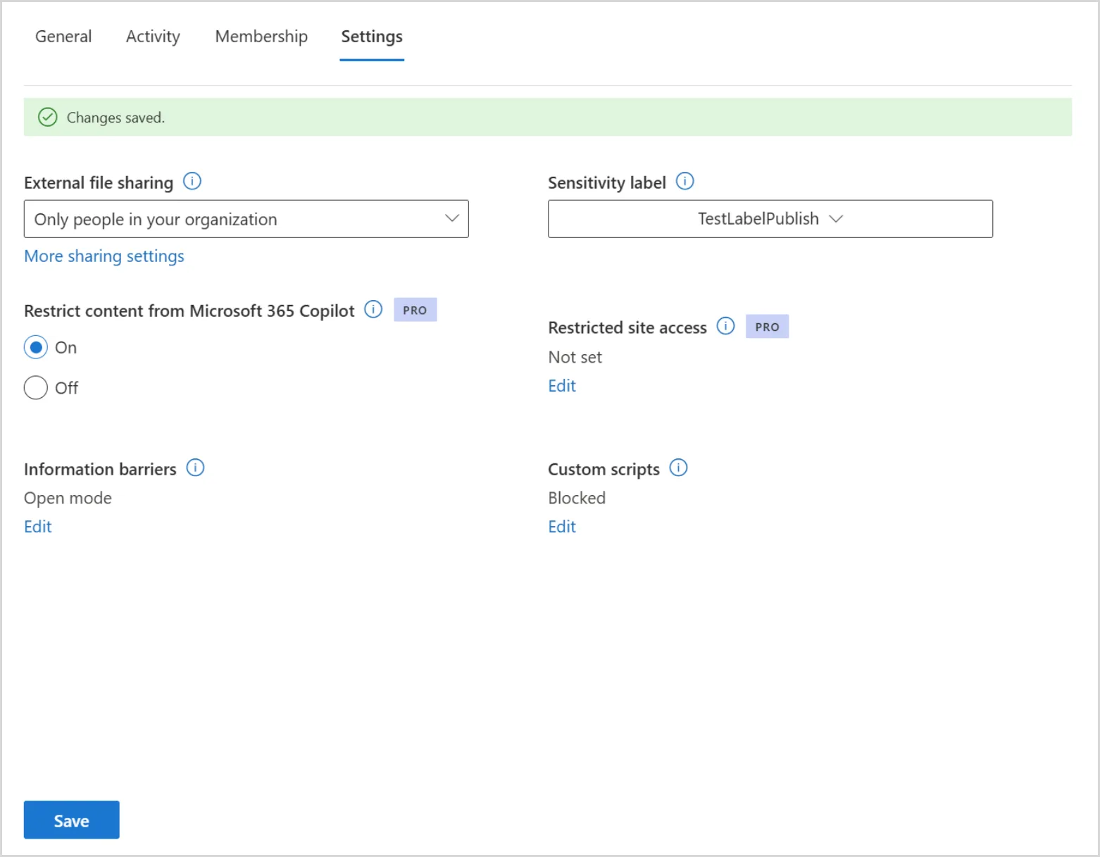 Official Microsoft SharePoint demonstration. Restricted content discovery is On at left; restricted access control is Not set at right.